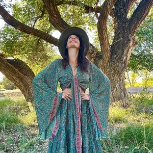 Bell Sleeve Silk Skirt Set, Floral Green Super Bell and Tier Maxi Skirt